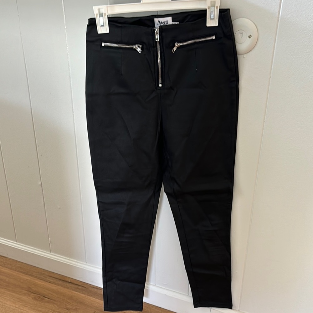 Black Faux Leather Pants with Zipper Details